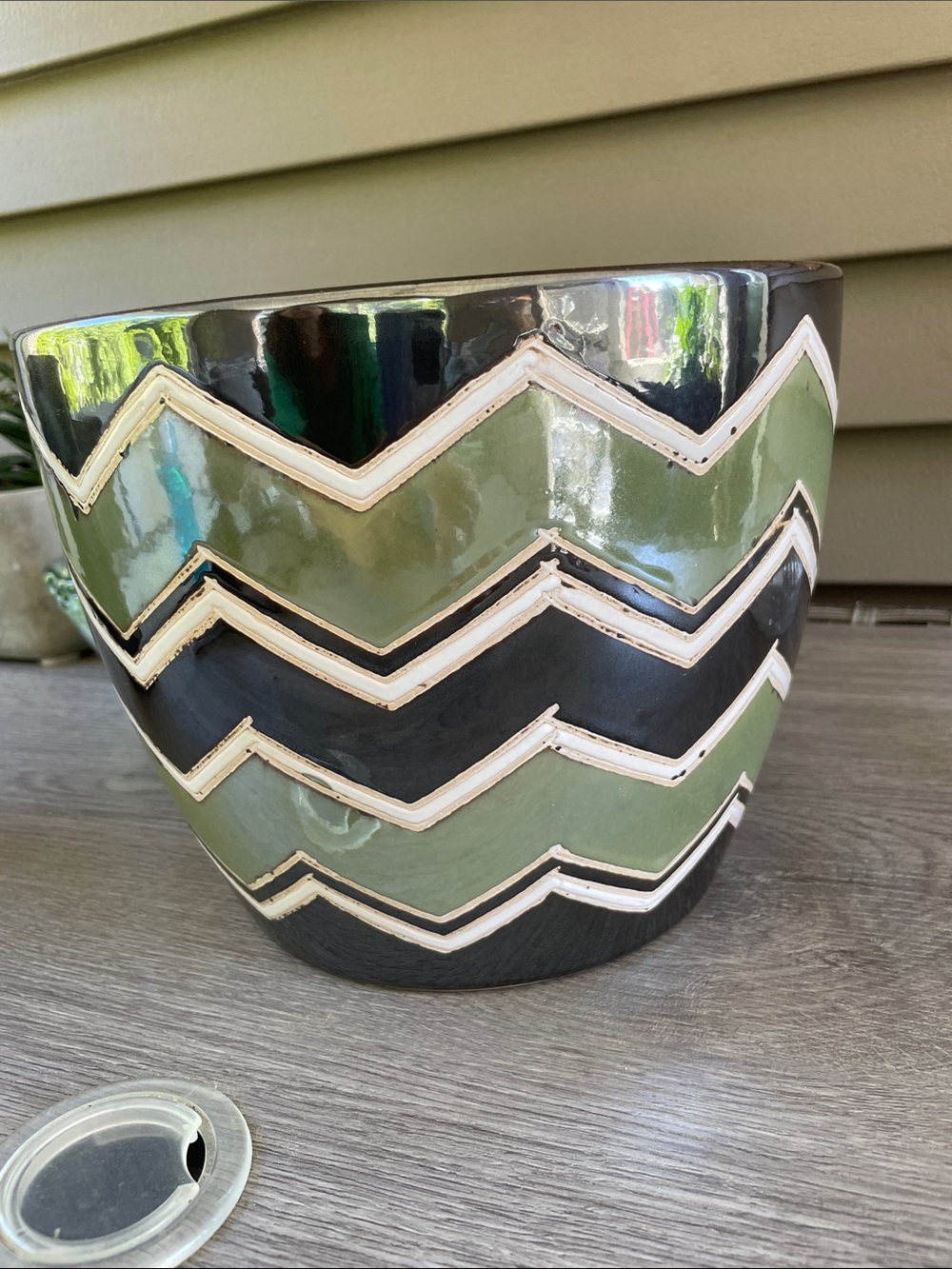 Green & Black Chevron Ceramic Planter - Decorative Home Accent - Picture 2 of 10